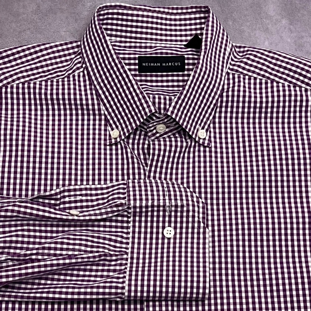Neiman Marcus Button Down Shirt Mens XL Purple Gingham Excellent Long Sleeve